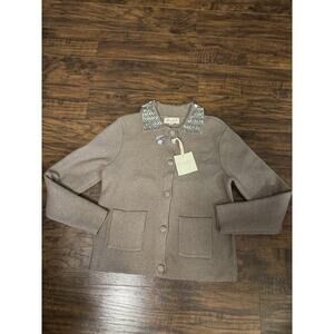 Marled Beaded Collar Taupe Brown Cardigan Sweater XS